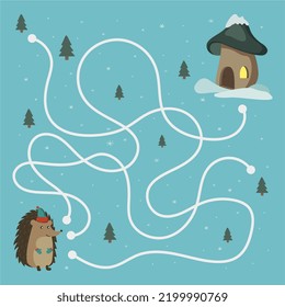 Funny maze labyrinth for children. Preschool printable educational activity. Fairytale fun task solve. Puzzle with hitchcock and snow. Game for kids. Christmas educational game.