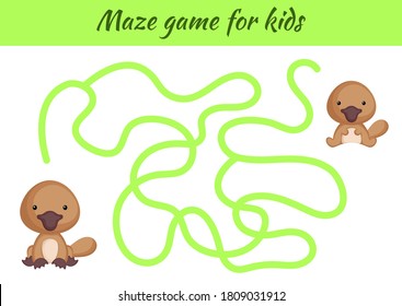 Funny maze or labyrinth game for kids. Help mother find path to baby. Education developing worksheet. Activity page. Cartoon platypus characters. Riddle for preschool. Color vector stock illustration.