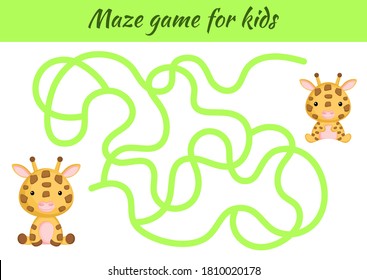 Funny maze or labyrinth game for kids. Help mother find path to baby. Education developing worksheet. Activity page. Cartoon giraffe characters. Riddle for preschool. Color vector stock illustration.