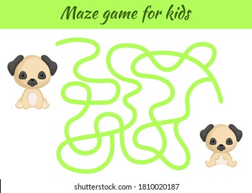 Funny maze or labyrinth game for kids. Help mother find path to baby. Education developing worksheet. Activity page. Cartoon pug dog characters. Riddle for preschool. Color vector stock illustration.
