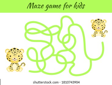 Funny maze or labyrinth game for kids. Help mother find path to baby. Education developing worksheet. Activity page. Cartoon jaguar characters. Riddle for preschool. Color vector stock illustration.