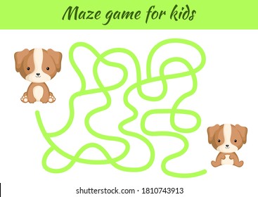 Funny maze or labyrinth game for kids. Help mother find path to baby. Education developing worksheet. Activity page. Cartoon dog characters. Riddle for preschool. Color vector stock illustration.
