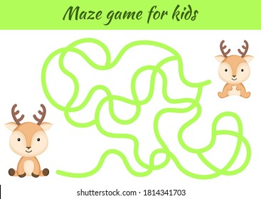 Funny maze or labyrinth game for kids. Help mother find path to baby. Education developing worksheet. Activity page. Cartoon deer characters. Riddle for preschool. Color vector stock illustration.