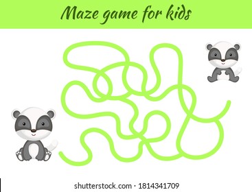 Funny maze or labyrinth game for kids. Help mother find path to baby. Education developing worksheet. Activity page. Cartoon badger characters. Riddle for preschool. Color vector stock illustration.