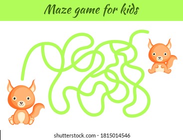 Funny maze or labyrinth game for kids. Help mother find path to baby. Education developing worksheet. Activity page. Cartoon squirrel characters. Riddle for preschool. Color vector stock illustration.