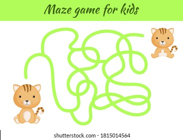 Funny maze or labyrinth game for kids. Help mother find path to baby. Education developing worksheet. Activity page. Cartoon cat characters. Riddle for preschool. Color vector stock illustration.