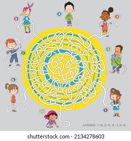 Funny maze puzzle. Put the children into pairs. Vector illustration 