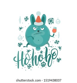 Funny mean hohoho christmas lettering with angry serious bunny in santa's hat and decorative snowflakes elements for gift card or wrapper design or t-shirt holiday print.