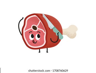 Funny meat character with a knife vector illustration. Keto diet lover. Cut a slice of meat. Ready for a garden party. Cute beef cartoon character for gastronomy concept. Use it for a restaurant.