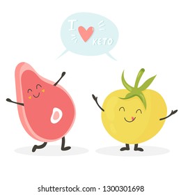 Funny meat and tomato characters with lettering, keto diet lover