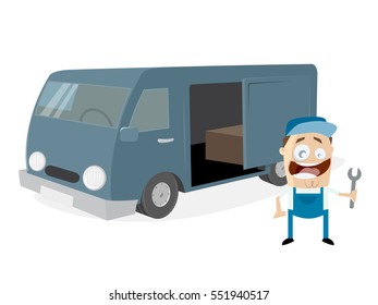 funny mechanic standing in front of a van