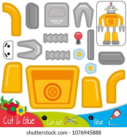 Funny mechanical yellow smiling robot. Education paper game for preshool children. Vector illustration.
