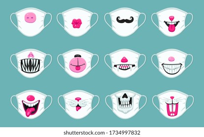 Funny medical mask set decorated with animal nose, scary mouth and colorful stickers. Isolated collection of coronavirus protection masks with cute designs, vector illustration.