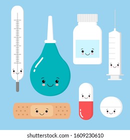 Funny medicine equipment cartoon characters. Thermometer, syringe, tablet, plaster, pill isolated vector illustration. Kawaii style