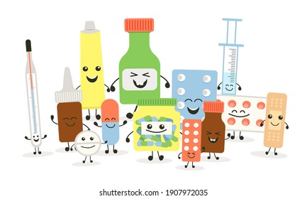 Funny medicine pills character set. Humor medical emoticons pills collection. Cartoon work emoji character health care pharmacy. Happy face pills mascot icon tablet. Isolated hospital concept symbol