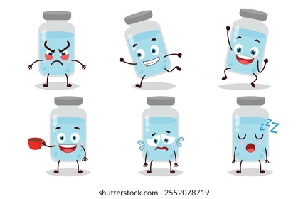 funny medicine vial bottle character with various pose activity design illustration