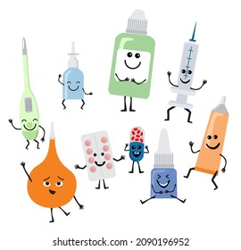 Medicinas divertidas. Emoticonos de medicina sobre blanco, píldoras de humor, termómetro, dibujos de caricaturas de jeringuillas para cápsulas médicas, personajes de primeros auxilios.  Carácter kawaii. Ilustración vectorial