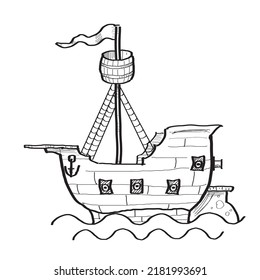 Funny Medieval age sail ship vessel (pirate transport), which is hand drawn (doodle style) vector drawing.
