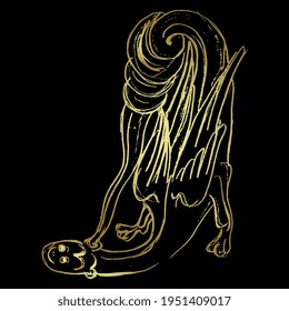 Funny medieval dragon. Winged serpent Aspid covering its ear with his tail. Gothic illuminated manuscript art. Hand drawn linear doodle rough sketch. Golden glossy silhouette on black background.