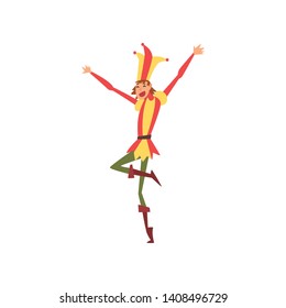 Funny Medieval Jester Character in Bright Costume Vector Illustration