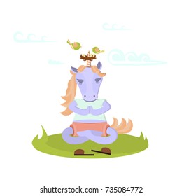 Funny meditate animal character. Unicorn is engaged in yoga. Vector illustration eps 10