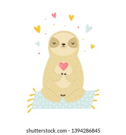 Funny meditating sloth practicing yoga. Cartoon vector illustration