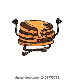 Funny meditating stack of pancakes on white background 