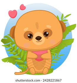 A funny meerkat sits in the leaves and hugs a heart. Meerkat in kawaii style. Vector illustration of drawings, prints and patterns. Children s illustration. Isolated on white background.