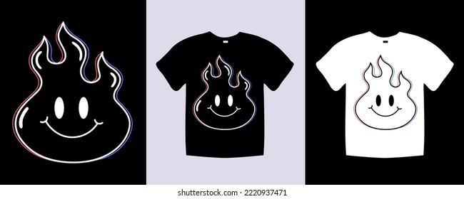 Funny melt smile face fire t shirt design. Template vector art. Trendy apparel fashionable with smile face melt graphic on black and white shirt