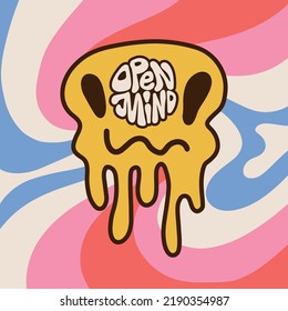 Graciosa sonrisa de fusión cara con cita dentro - mente abierta. Sonrisa trippy sonrisa cara psicodélica, lsd, ácido, impresión de viaje para camiseta, pegatina, concepto de afiches. Personaje de caricatura de estilo con dibujos hechos a mano por vectores