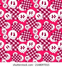 Funny melt smile faces geometry seamless pattern.Vector crazy cartoon character illustration.Smile techno faces melting acid,trippy,cells,techno,space seamless pattern wallpaper print concept