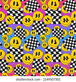 Funny Melt Smile Faces Geometry Seamless Pattern.Vector Crazy Cartoon Character Illustration.Smile Techno Faces Melting Acid,trippy,cells,techno,space Seamless Pattern Wallpaper Print Concept