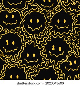 Funny melt smile faces seamless pattern. Vector hand drawn doodle cartoon character illustration.Smile faces melt, acid, trippy seamless pattern wallpaper print concept