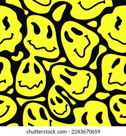 Funny melt smile faces seamless pattern. Vector hand drawn doodle cartoon character illustration.Smile faces melt, acid, trippy seamless pattern wallpaper print concept