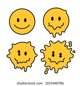 Funny melt smile faces set collection.Vector cartoon 90s character illustration.Isolated on white background.Smile smiley faces melt,acid,trippy,psychedelic print for t-shirt,poster,stickers concept