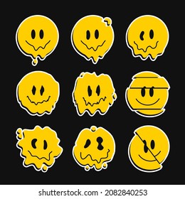 Funny melt smile faces set collection.Vector cartoon 90s character sticker pack set illustration. Smile faces melt,acid,trippy,psychedelic techno print for t-shirt,poster,stickers concept
