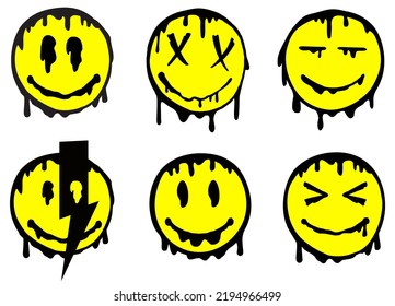 Funny melt smile faces set collection. Melted smile faces in trippy acid rave style isolated on white. Psychedelic quirky cartoon face. Urban graffiti style vector design element