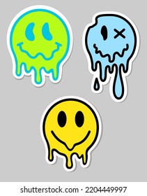 Funny melt smile faces set collection. Melted smile faces in trippy acid rave style isolated on white. Psychedelic quirky cartoon face. Urban graffiti style vector design element