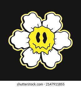 Funny Melt Smile Flower Chamomile Face Print For T-shirt.Vector Crazy Cartoon Character Illustration.Smile Techno Face,smiley,acid,trippy,techno,flower T-shirt,poster,sticker,badge Print Concept