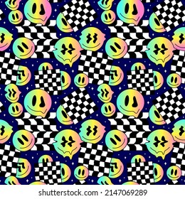 Funny melt smile gradient faces geometry seamless pattern.Vector crazy cartoon character illustration.Smile techno faces melting acid,trippy,cells,techno,space seamless pattern wallpaper print concept