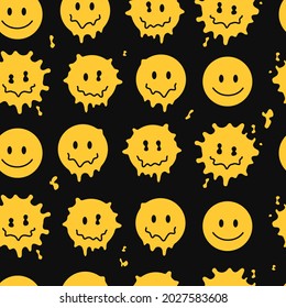 Funny melt splash acid smile face seamless pattern wallpaper art.Vector cartoon character illustration.Smile smiley faces melt,techno,lsd,surreal,acid,trippy seamless pattern wallpaper print concept