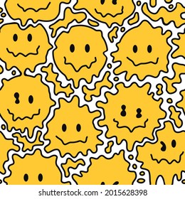 Funny melt warp smile faces,psychedelic emoji seamless pattern.Vector cool cartoon character illustration.Smile faces graphic melt,acid,drugs,60s,70s trippy smiley seamless pattern wallpaper print art