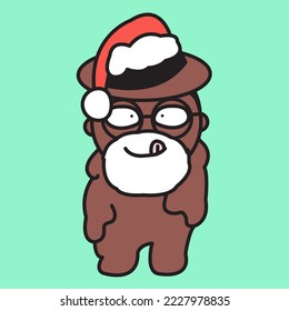 Funny Melted Chocolate Boy In Santa Hat With Long Bearded Show Yummy Hungry Tongue. Positive Festive Christmas Mood Concept Card Character illustration