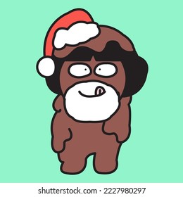 Funny Melted Chocolate Girl In Santa Hat With Long Bearded Show Yummy Hungry Tongue. Positive Festive Christmas Mood Concept Card Character illustration
