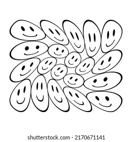 Funny melted distorted outline face with smile.  Psychedelic groovy trippy retro graphic print. Positive y2k trendy black and white vector illustration