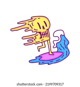 Funny melted skull character surfing cartoon, illustration for t-shirt, sticker, or apparel merchandise. With modern pop and retro style.