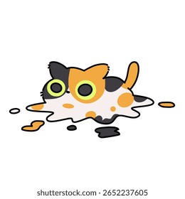 Funny melting black and orange calico cat simple cartoon illustration art 