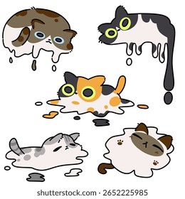 Funny Melting Cats with Big Eyes Dripping Set Collection Illustration Art. Cartoon Cat Set Collection 