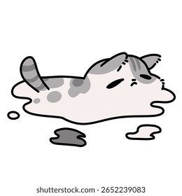 Funny melting grey and white cat cartoon illustration art 