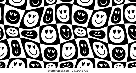 Funny melting happy face in love cartoon seamless pattern. Retro psychedelic smile icon background texture for valentine's day or romantic concept. Black and white checkered doodle wallpaper.